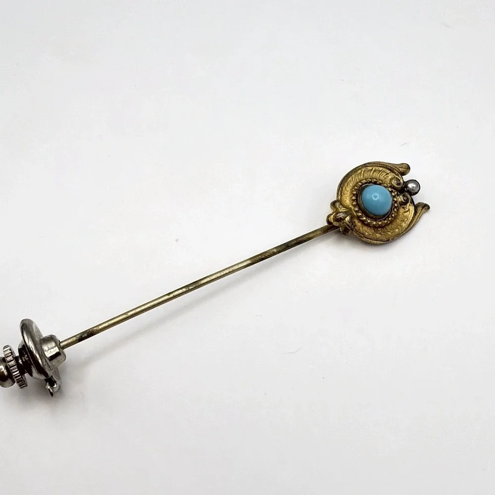 Vtg Art Nouveau Gold-Tone Stick Pin Turquoise Blue Cab